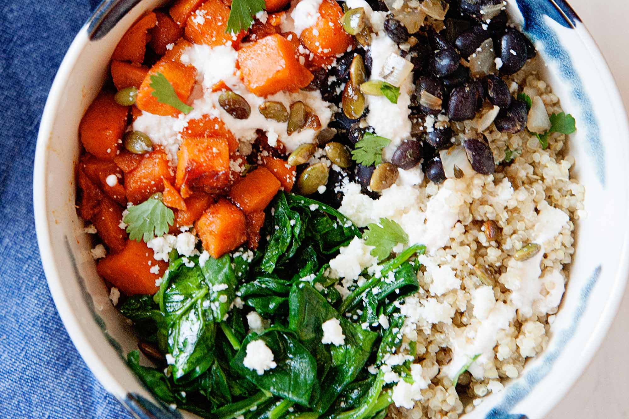 Quinoa Bowls with Sweet Potatoes, Black Beans, and Spinach